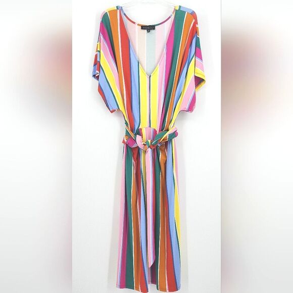 Eloquii Rainbow Wrap Around Dress Size 20 Multicolor Stripes Knee Length V Neck - Picture 2 of 9